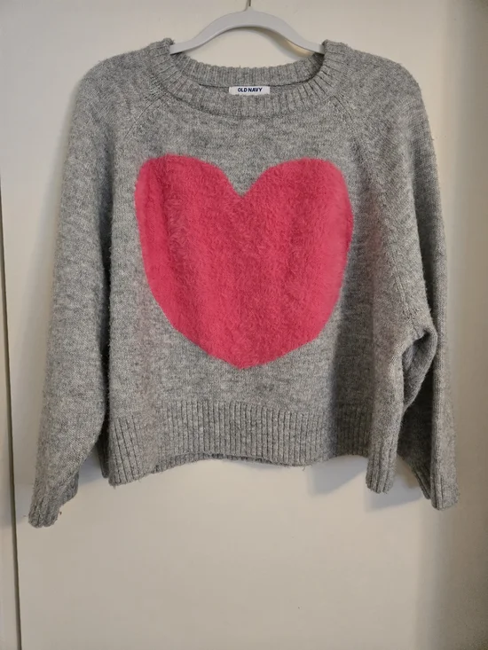 Old Navy Gray Cropped Crewneck Sweater with Fluffy Pink Heart - Picture 3 of 5